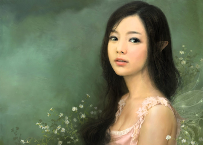 Обои картинки фото фэнтези, феи, девушка, эльфийка, цветы