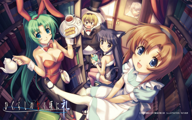 Обои картинки фото аниме, higurashi, no, naku, koro, ni, ryuuguu, rena, furude, rika, sonozaki, mion, houjou, satoko