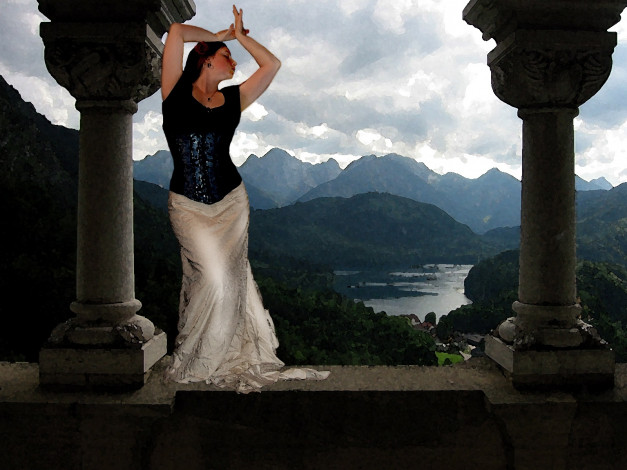 Обои картинки фото рисованные, люди, девушка, горы, танец