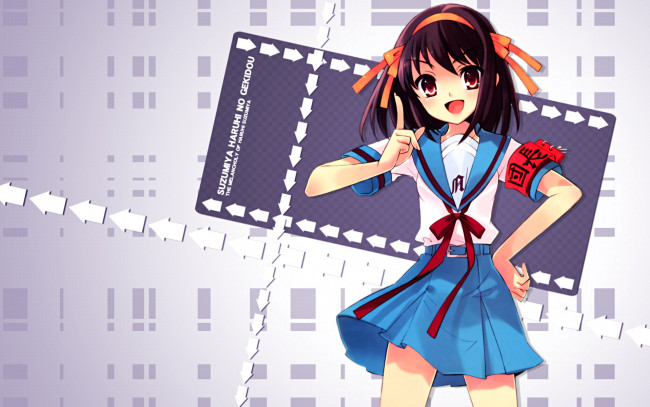 Обои картинки фото аниме, the, melancholy, of, haruhi, suzumiya, юбка, девушка, стрелки