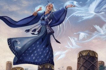 Картинка фэнтези маги девушка птицы магия колонны столбы
