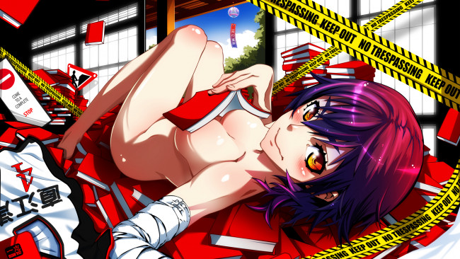 Обои картинки фото аниме, bakemonogatari, kanbaru, suruga, девушка, книги, лента, бинт, дом, комната, дверь, небо, облака, природа, надпись