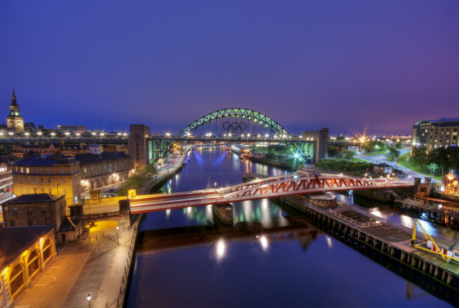 Обои картинки фото gateshead, england, города, мосты, англия, река, ночной, город