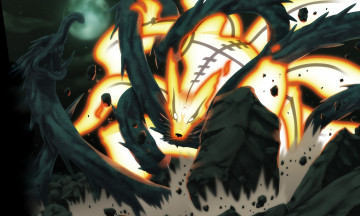 Картинка аниме naruto наруто бой курама лис чакра