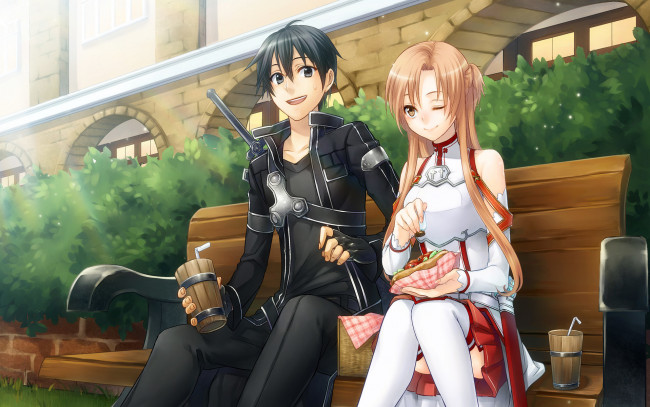 Обои картинки фото аниме, sword art online, парень, девушка, kirito, yuuki, asuna, sword, art, online, anime