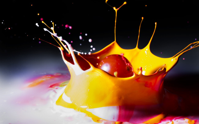 Обои картинки фото разное, капли,  брызги,  всплески, помидор, брызги, шар, краска