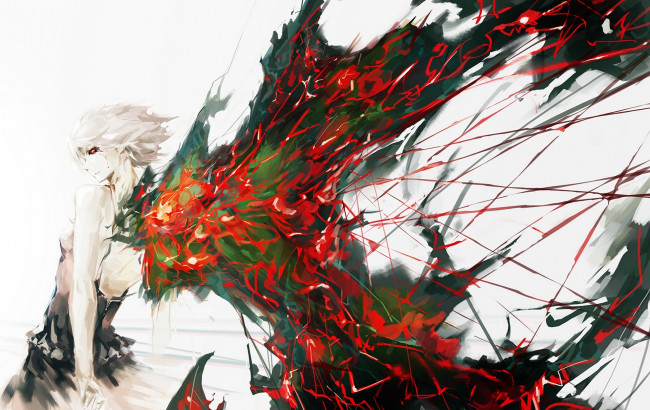 Обои картинки фото аниме, tokyo ghoul, арт, vibiss, tokyo, ghoul, kirishima, touka, девушка, крылья, кровь, нити