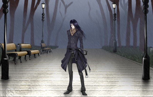 Обои картинки фото аниме, *unknown , другое, парень, дождь, парк, лавки, фонари