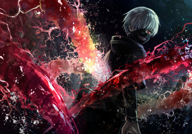 Обои картинки фото аниме, tokyo ghoul, арт, angel31424, tokyo, ghoul, kaneki, ken, парень, маска, магия, дома, зубы