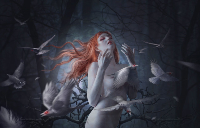Обои картинки фото фэнтези, фотоарт, готика, девушка, вороны