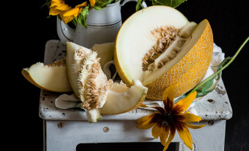 Картинка еда дыня цветы семечки салфетка долька