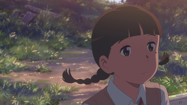 Обои картинки фото аниме, kimi no na wa, девушка, фон, взгляд