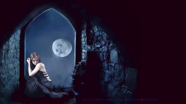 Обои картинки фото календари, фэнтези, 2019, девушка, ночь, луна, женщина, камень, окно, calendar