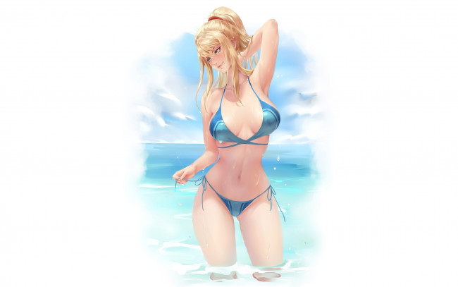 Обои картинки фото видео игры, metroid,  other m, девушка, блондинка, купальник, море, samus, aran