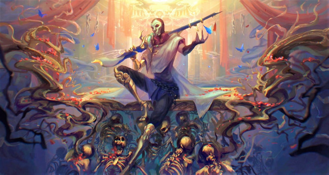 Обои картинки фото видео игры, league of legends, jhin, оружие, плита, скелеты