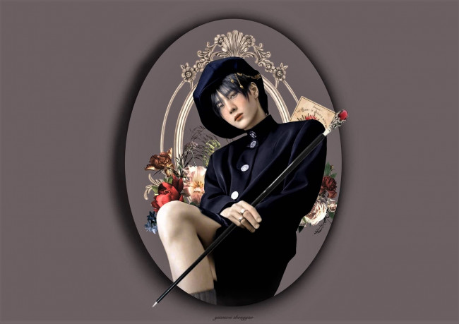 Обои картинки фото рисованное, люди, ван, ибо, берет, трость, цветы