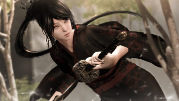 Картинка 3д+графика люди+ people девушка фон японка кимоно катана