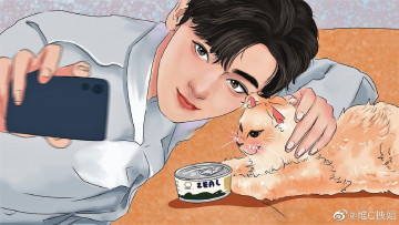 Картинка рисованное люди сяо чжань кошка телефон банка