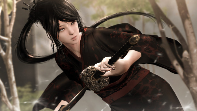 Обои картинки фото 3д графика, люди , people, девушка, фон, японка, кимоно, катана