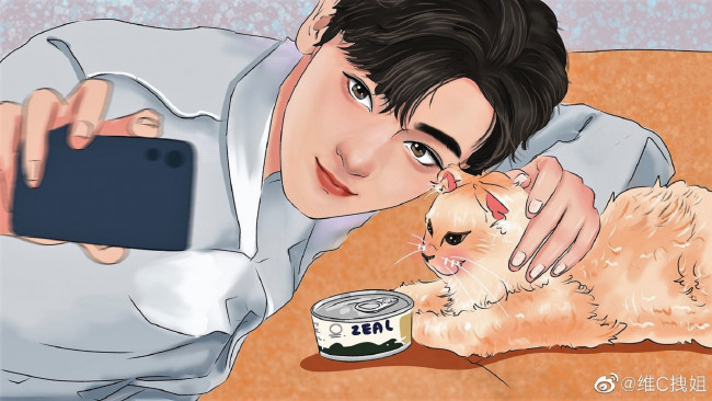 Обои картинки фото рисованное, люди, сяо, чжань, кошка, телефон, банка