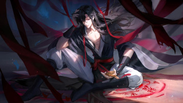 обоя аниме, mo dao zu shi, вэй, усянь, ленты, знаки