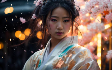 Картинка 3д+графика люди+ people девушка азиатка кимоно весна цветение