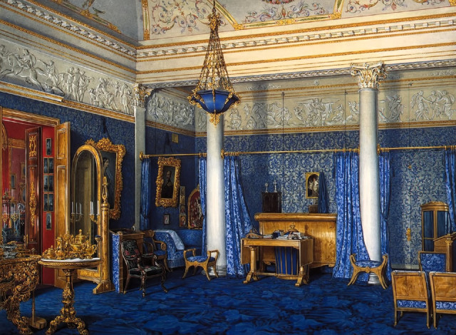 Обои картинки фото рисованное, эдуард гау, интерьер, комната, дворец, лепнина, люстра, мебель, зеркало, дверь