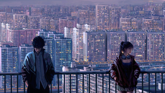 Обои картинки фото аниме, город,  улицы,  интерьер,  здания, парень, девушка, очки, куртка, наушники, панорама