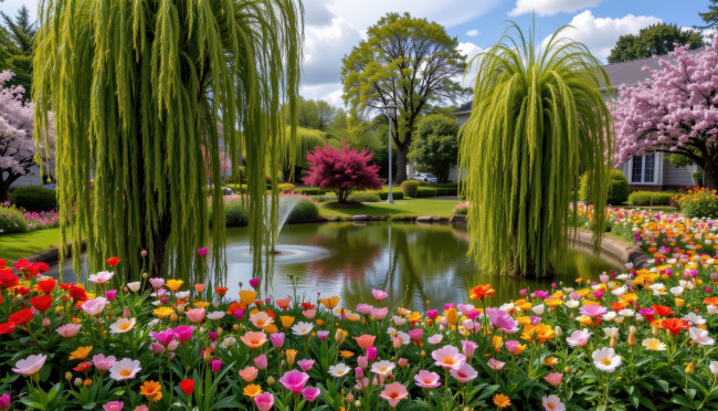 Обои картинки фото 3д графика, реализм , realism, водоем, фонтан, деревья, цветы, дома