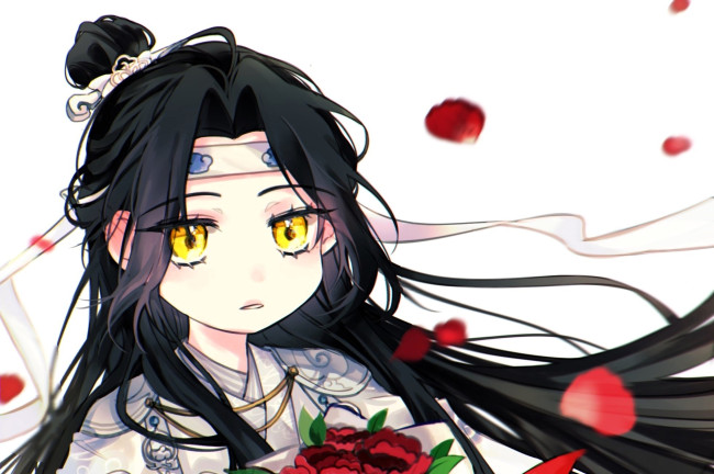 Обои картинки фото аниме, mo dao zu shi, лань, ванцзы, цветы, пионы, лепестки