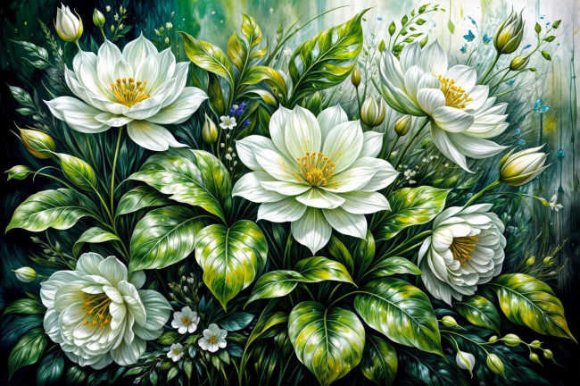 Обои картинки фото рисованное, цветы, листья, бутоны