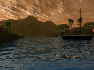 Картинка 3д графика sea undersea море залив яхта вечер берег