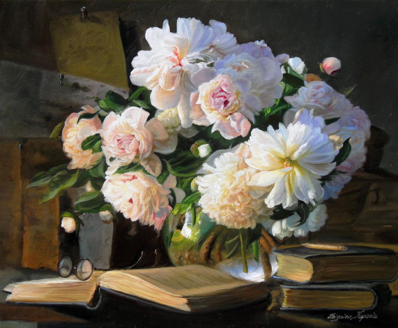 Обои картинки фото рисованные, zbigniew, kopania, книга, очки, пион