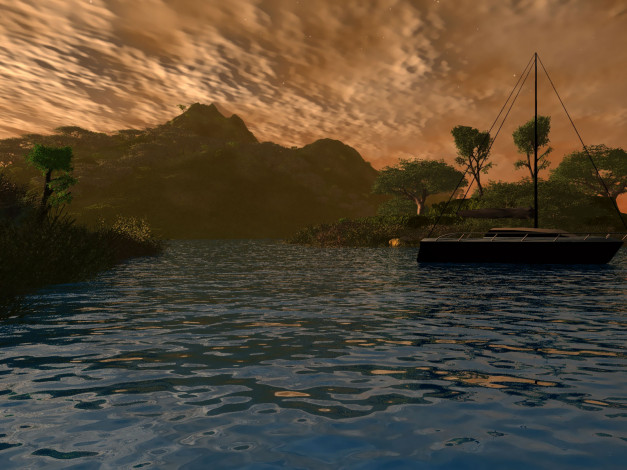 Обои картинки фото 3д, графика, sea, undersea, море, залив, яхта, вечер, берег