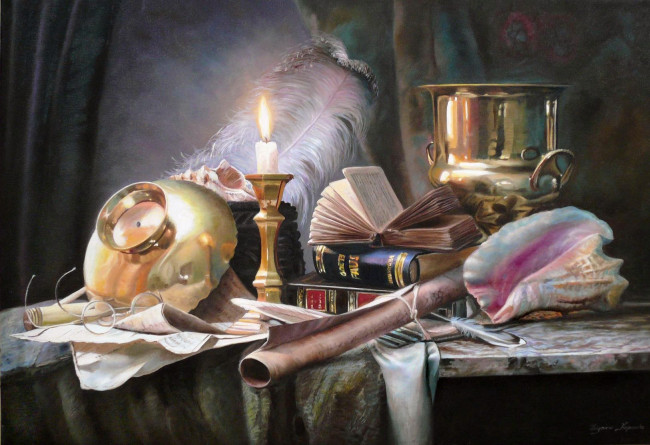 Обои картинки фото рисованные, zbigniew, kopania, свеча, книга