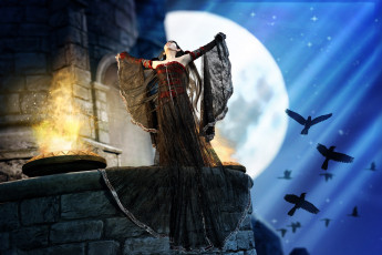 Картинка 3д графика fantasy фантазия птицы скала девушка