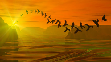 Картинка 3д графика animals животные птицы горы вода