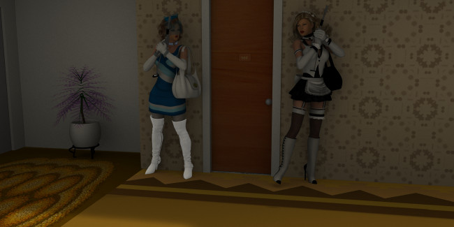 Обои картинки фото 3д, графика, people, люди, дверь, оружие, девушки