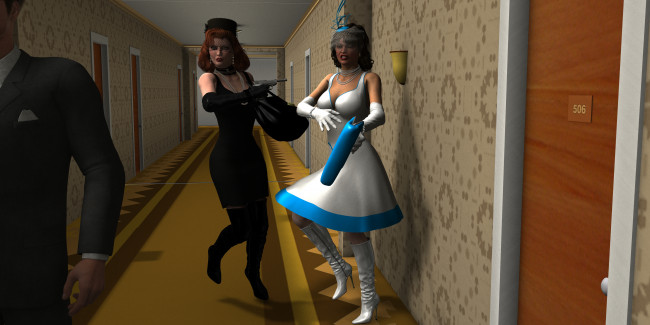 Обои картинки фото 3д, графика, people, люди, коридор, девушки