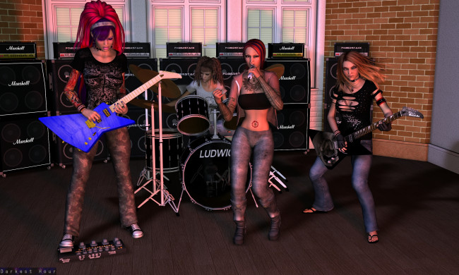 Обои картинки фото 3д, графика, people, люди, музыка, группа, гитары, девушки