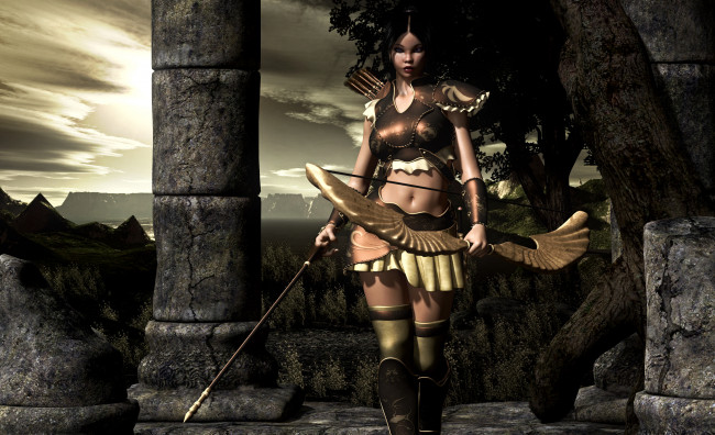 Обои картинки фото 3д, графика, amazon, амазонки, доспехи, стрелы, лук, девушка