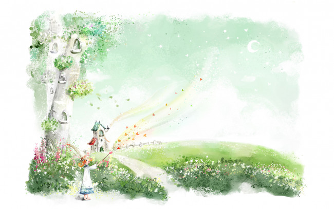 Обои картинки фото векторная, графика, домик, деревья