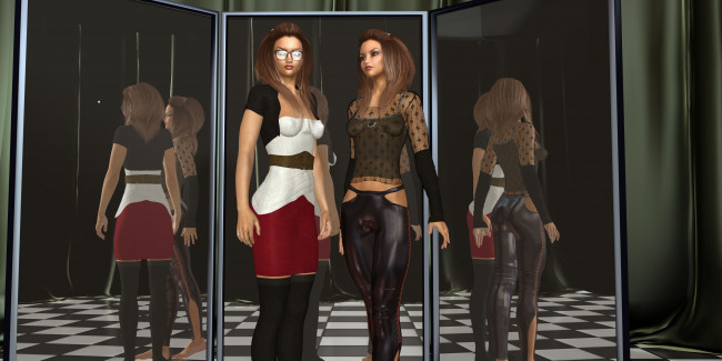 Обои картинки фото 3д графика, люди , people, зеркала, взгляд, девушки