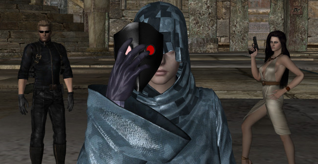 Обои картинки фото 3д графика, фантазия , fantasy, мужчина, ночь, улица, маска, девушки