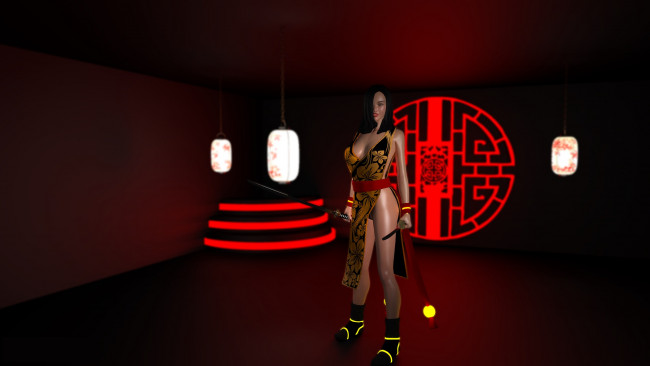 Обои картинки фото 3д графика, фантазия , fantasy, катана, взгляд, девушка