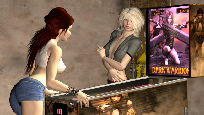 Обои картинки фото 3д графика, люди , people, девушки, игровые, автоматы, взгляд