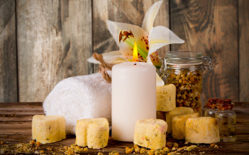 Картинка разное свечи spa candle relax wellness still life полотенце мыло цветы спа soap flowers