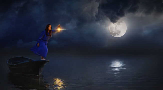 Обои картинки фото девушки, -unsort , креатив, ночь, лампа, лодка, девушка