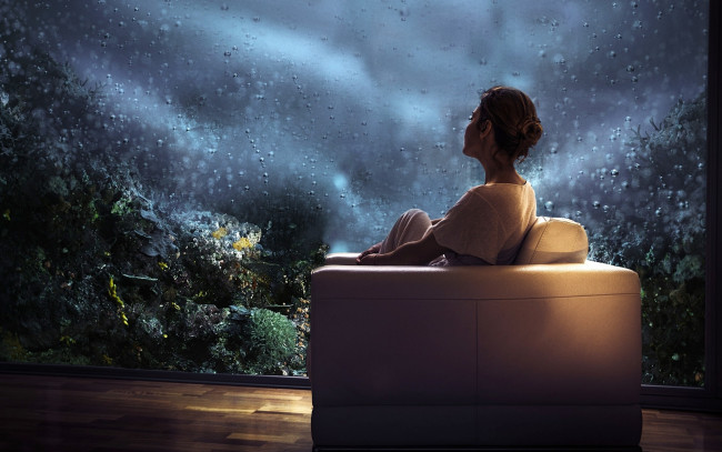 Обои картинки фото девушки, -unsort , брюнетки,  шатенки, настроение, кресло, девушка, аквариум