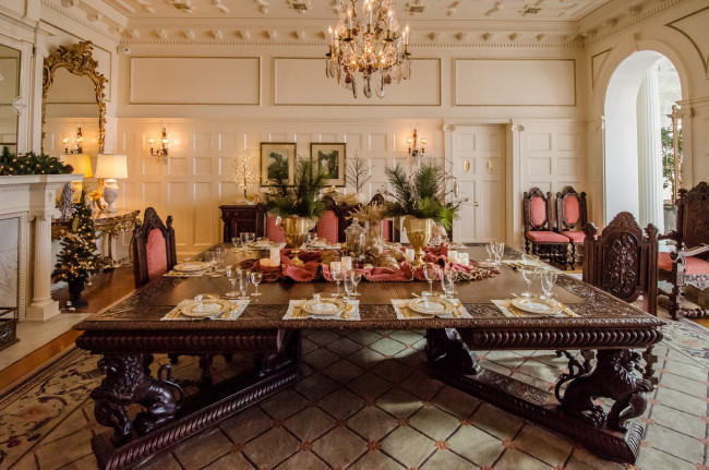 Обои картинки фото интерьер, столовая, светильники, зеркало, стол, зал